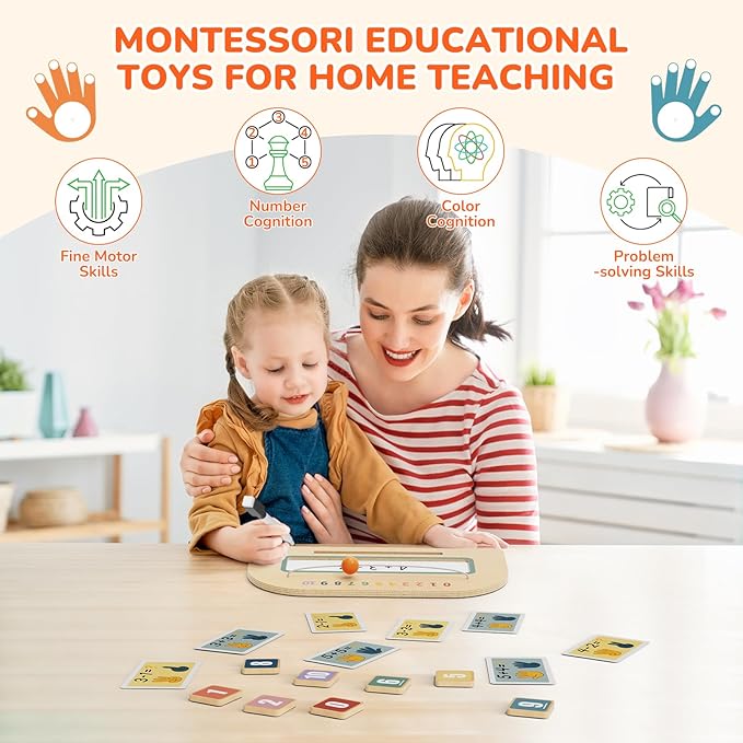 Montessori Math Toy for Kids 3-5, Double-Sided Finger Counting Board with Writing Board & Number Blocks, Preschool Learning Toy for Addition & Subtraction, Educational Gift