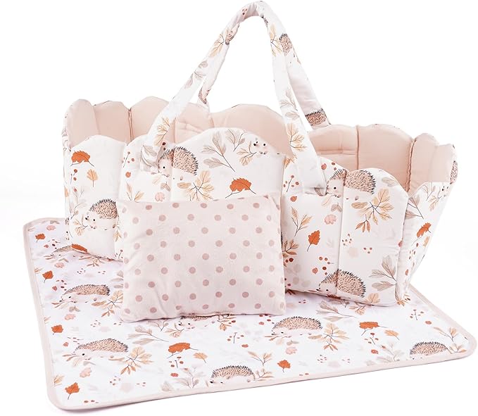BABESIDE 3 Pcs Baby Doll Bassinet with Doll Bedding Set for 17-22 Inch Babydolls, Cute Animal Print Baby Dolls Crib with Blanket for Reborn Baby Doll Accessories, Off-White