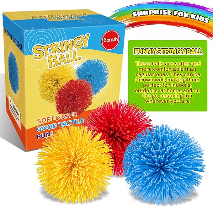 Easter Basket Stuffers for Kids – 3 Pack 4 Inch Large Stringy Balls, Sensory Fidget Toys for Boys & Girls, Easter Egg Fillers, Stress Relief & Hand Exercise Toys, 90s Retro Party Favors