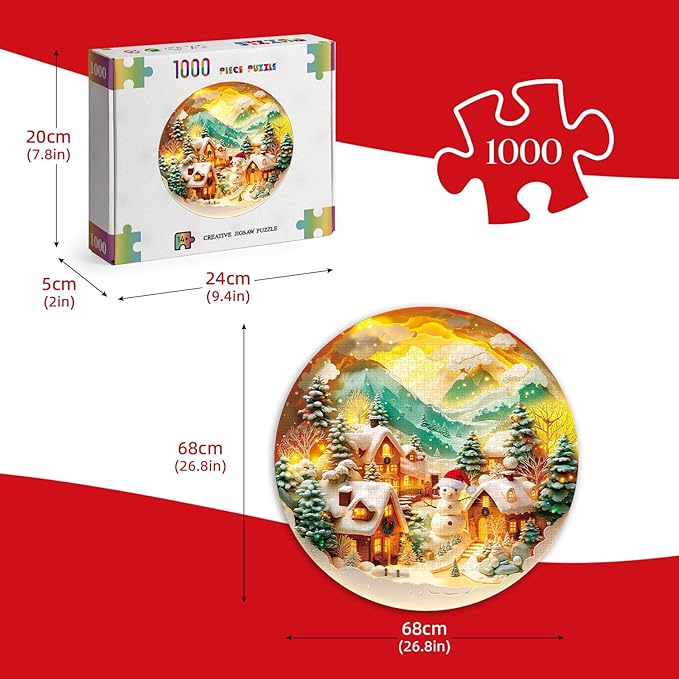 Round Jigsaw Puzzle 1000 Pieces - 3D Paper-Cut Winter Snow Village - 26.6" Circular Challenge, Christmas Snowman Landscape, Mindful Holiday Activity Gift