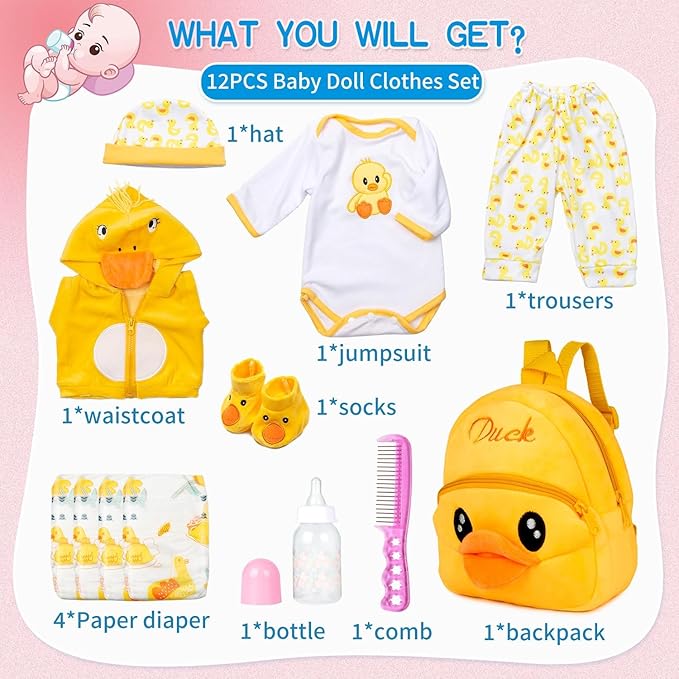 Reborn Baby Doll Clothes 17 inch Yellow Duck Outfits for 16-18 Inch Reborn Baby Doll Diaper Reusable Accessories 12 Pcs Set Backpack for Boys & Girls