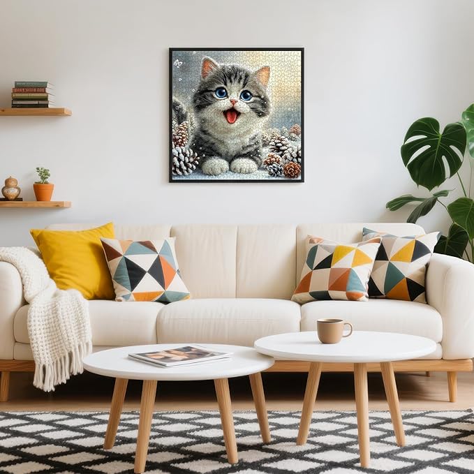 Cute Snowy Cat Puzzles for Adults 1000 Pieces, Winter Snowy Kitten Animal Jigsaw Puzzle with Letters on Back, 22.8X 22.8 Inch Wall Art, Relaxing Family Game, Easter