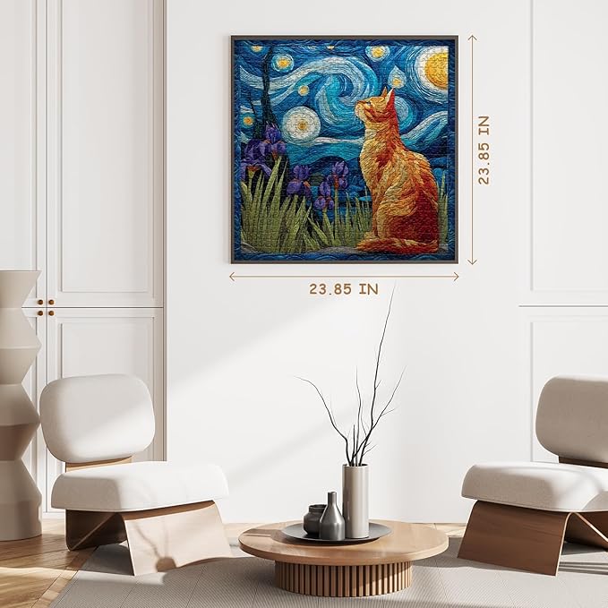 Cat Puzzles for Adults 1000 Pieces, PICKFORU Starry Night Animal Kitten Puzzle, Van Gogh Plant Flower Kitty Challenge Jigsaw Puzzle Scenic