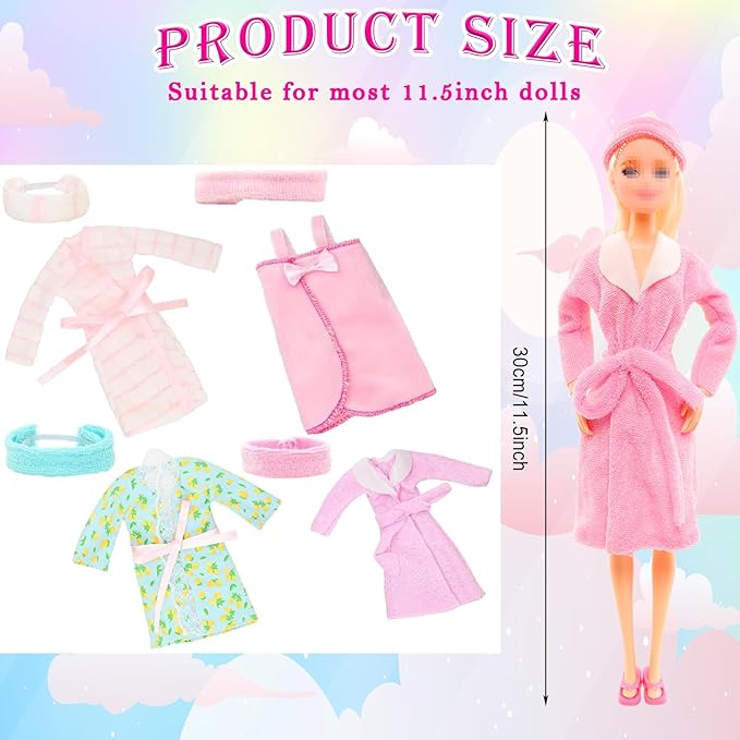 Doll Sleeping Clothes Accessories 28 Pcs Including 4 Sets Bathrobes Pajamas, Bath Towel , 4 Headband, 12 Toiletries, 8 Accessories, 3 Slippers for 11.5 Inch Girl Dolls Storytelling Bathroom Playset