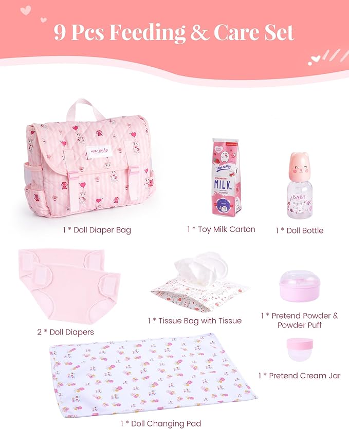 BABESIDE 9 Pcs Reborn Baby Doll Accessories for 17-22 Inch Reborn Dolls, Diaper Bag Set with 2 Diapers, Changing Pad, Bottle, Tissue and Care Set, Great for Children's Pretend Play, Doll Not Included