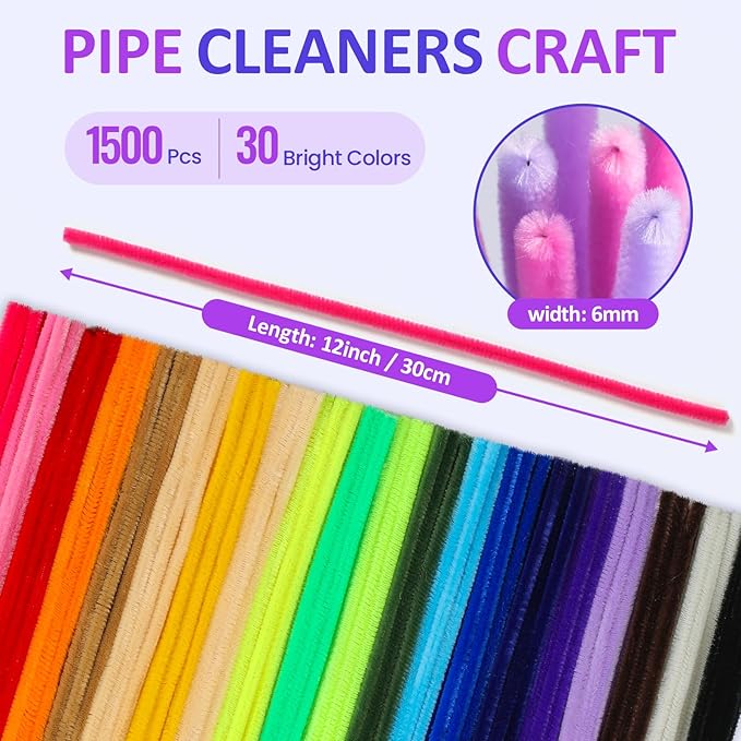 POIKSHARK 1500 PCS 30 Colors Quality Pipe Cleaners Bulk, Thick Pipe Cleaners Craft for DIY Craft Projects, Multicolored Limpia Pipas for Art Supplies & Materials, Rainbow Chenille Stems(12inch*6mm)