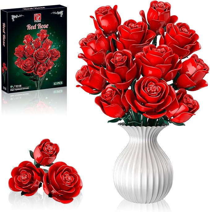 Red Rose Bouquet Building Set, 12 Artificial Roses Flower Building Blocks for Adult Women, Botanical Collection Home Decor Romantic Gift for Mother's Day Valentine's for Adults Girls (512 PCS)
