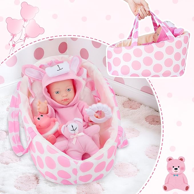deAO 13'' Baby Doll Playset with Bassinet Carrier Bed Baby Doll Accessories Including Pillow Clothes Pacifier Pretend Play Set Gifts for Girls Ages 3+