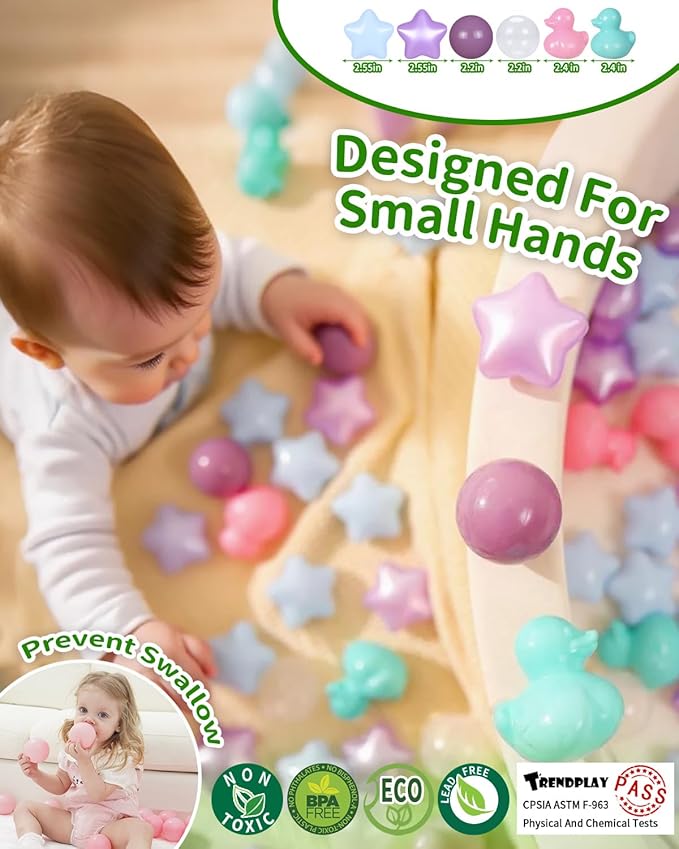TRENDPLAY Ball Pit Balls Shapes Pastel, Duck Star Shape Non Toxic for Toddlers Kids Baby Girls Boys Dogs Soft Play,Party, 50 100 200