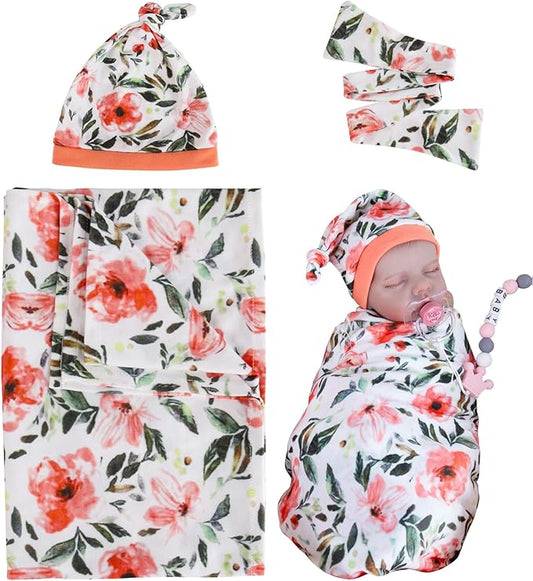 Aori Reborn Baby Dolls Clothes Newborn Receiveing Blanket with Floral Hat and Headband Set Nursery Swaddle Wrap for 17-20 inch Reborn Dolls