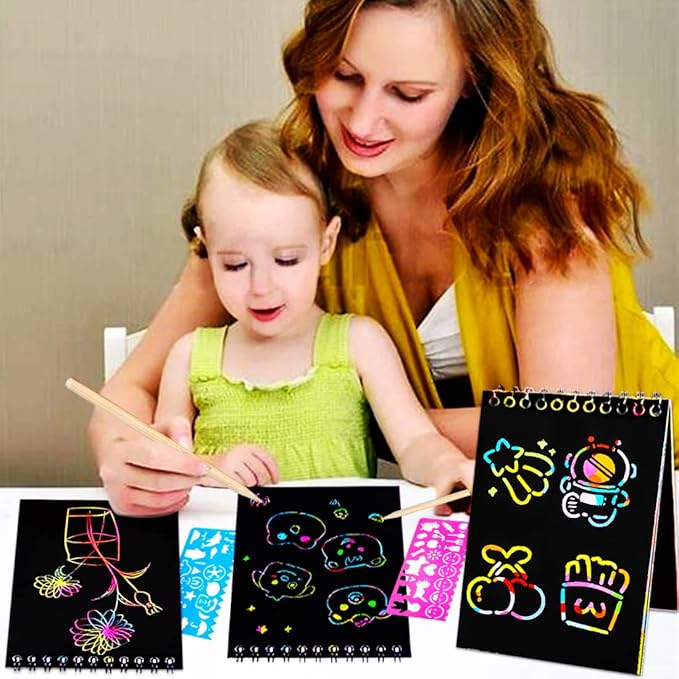 JUNQIU Scratch Paper Art for Kids, 2 Pack Bulk Rainbow Scratch Paper Crafts Toys for 3 4 5 6 7 8 9 10 Years Old Girls Kids Birthday Gifts