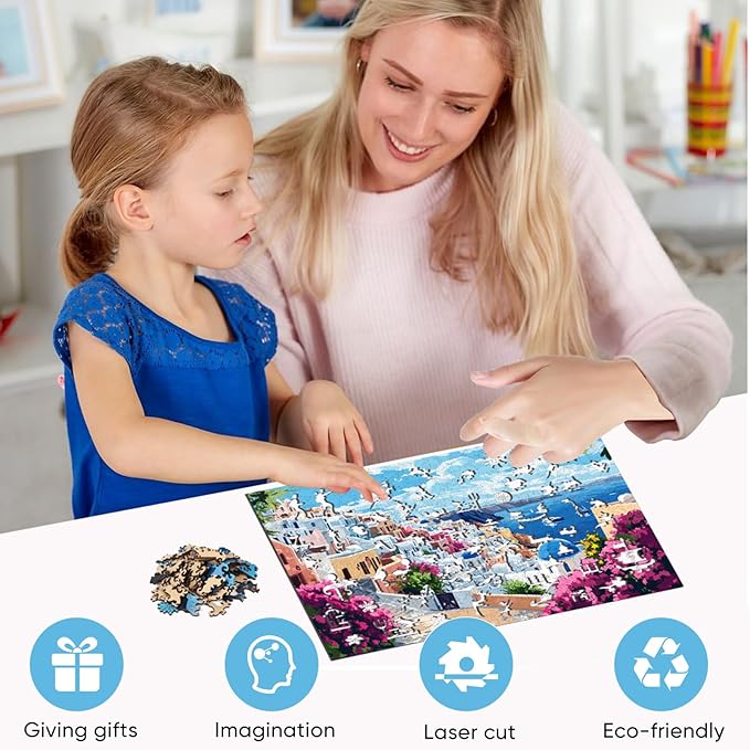 Mys Aurora 500 Pieces Puzzles for Adults, Santorini Wooden Puzzles, Unique Shaped Jigsaw Puzzle Birthday Scenery Gift Challenging Family Game for Kids and Adults 17.8 * 11.3 inch