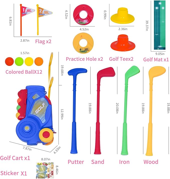 Nattork Toddler Golf Set with Putting Mat for Boys Girls Aged 1 2 3 Years Old, Upgraded Kids Golf Cart with 4 Clubs & 12 Balls, Outdoor Indoor Sports Toy Birthday Gift, Blue