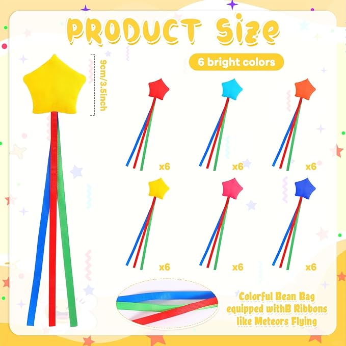 36PCS Star Bean Bags Toss for Kids Small Cornhole Bean Bags for Tossing with Storage Bag Hand Tossing Family Game Colorful Mini Star Shaped Beanbag with Ribbons Toddler Carnival Outdoor Sport Supply