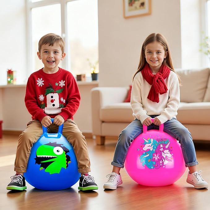 ZOOJOY Hopper Ball 2 Pack, 18 in Bouncy Ball with Handle for Kids, Unicorn & Dinosaur Girls Boys Toys Indoor Outdoor, Best Easter Basket Stuffers Gifts for 3 4 5 6 7 8 Yr Old Active Play Toys