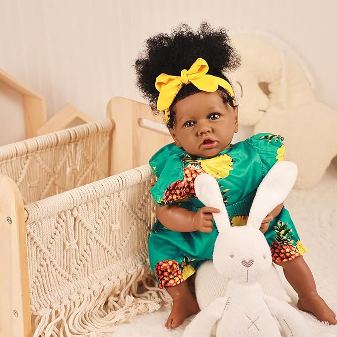 HOOMAI Reborn Baby Black Dolls African American Lifelike Silicone Doll Realistic 22.8 Inch with Cloth Body Birthday Gift Set for Ages 3+
