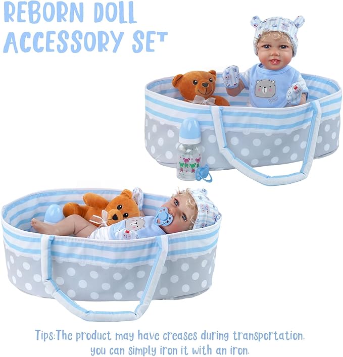BABESIDE Reborn Baby Doll Accessories for 17–22 Inch Dolls,13 Pcs Baby Doll Clothes and Bear Gift Set Includes Bassinet, Doll Clothes, Pacifier, Bottle, Bear Toy for Kids Ages 3+