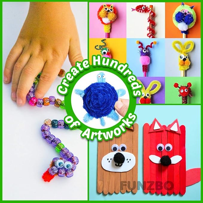 FUNZBO 1200pcs+ Easter Craft Kits with Pipe Cleaners, Pom Poms for Crafts, Popsicle Sticks for Craft, Arts & Crafts Supplies for Kids Ages 4-8 Girls & Boys Birathday Gifts