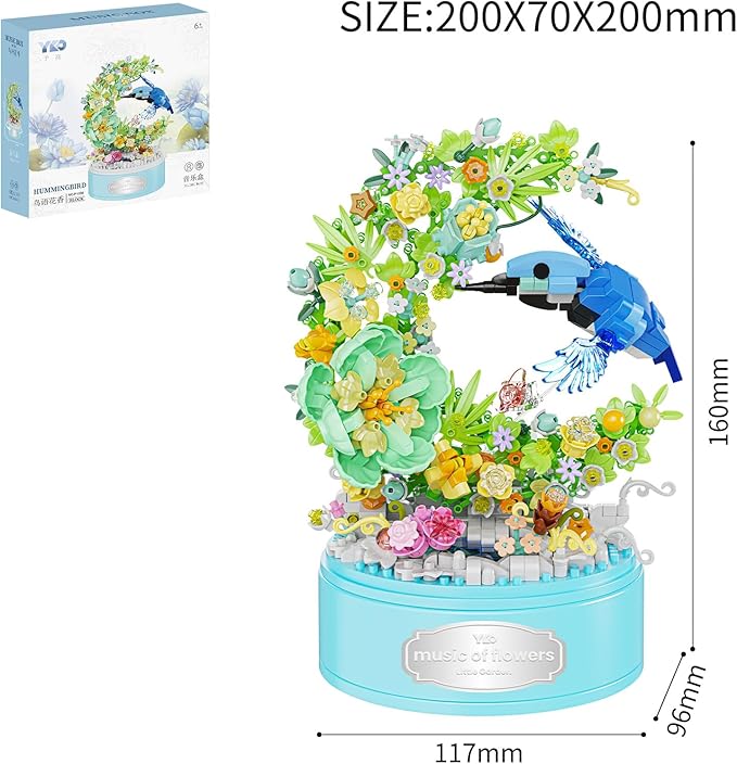 DIY Garden Toy Kit for Kids, Bird-Shaped Flower Building Set, Educational STEM Gift for Girls Boys Age 8+, Rotating Music Box Craft, Birthday Present Home Decor (Green)