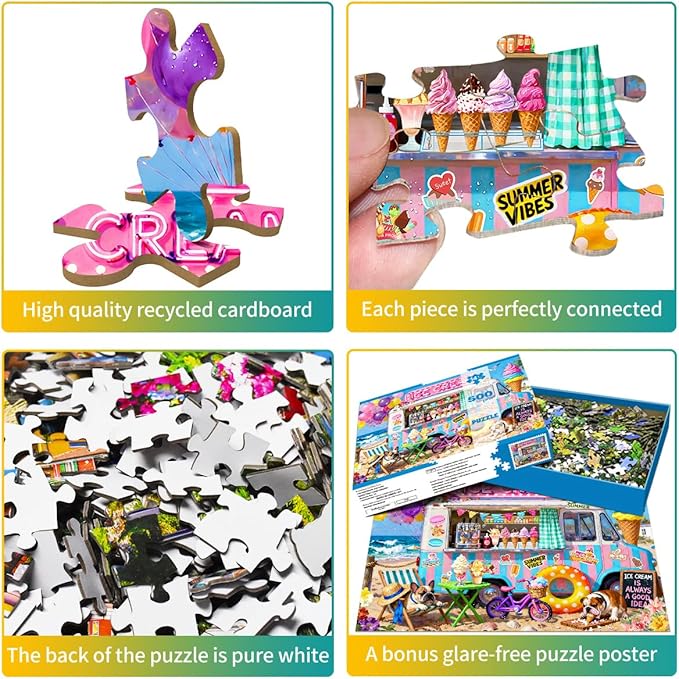 500 Piece Jigsaw Puzzle for Adults - Beach Ice Cream Truck with Cute Bulldogs Jigsaw Puzzles 500 Pieces Puzzles for Adults Finished Size 19.3“ x 13.7”