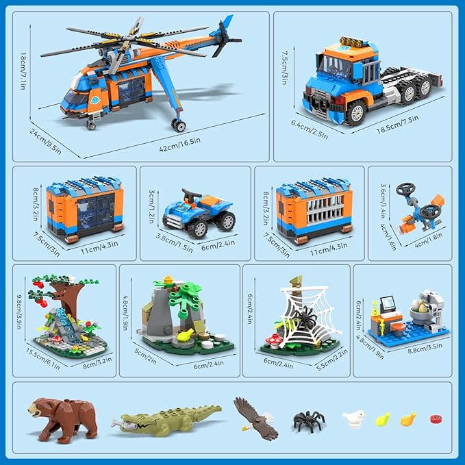 City Jungle Adventurer Helicopter Building Toys - 1356PCS Forest Truck Adventure Building Set with Car Crocodile Brown Bear Wildlife Rescue Blocks Playset Easter Gift for Kids Boys 6+