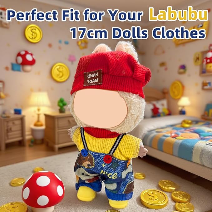 Clothes for Labubu 17cm Doll (NO Doll), 4 Piece Labubu Clothes Set, Cute Labubu Outfits with Accessories, Handmade Crochet La Bubu Doll Dress Up Set（Street Hip hop）