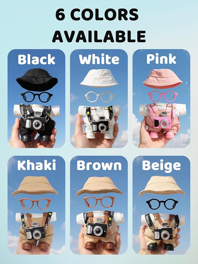 Clothes for LABUBU 17cm Doll (NO Doll) – 6-Piece Set, Hat + Overalls + Shirt + Camera + Glasses + Shoes, Outfit for LABUBU, Premium Dolls Accessories for LABUBU (Light Pink)