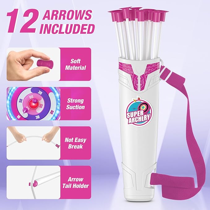 Bow and Arrow for Kids, LED Light Up Unicorn Archery Set with 12 Suction Cup Arrows, 1 Standing Glow Target, 3 Score Targets & 1 Quiver, Indoor Outdoor Sport Toys for Boys Girls Ages 4-12