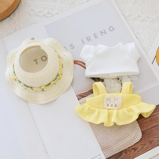 Clothes for Lu bubu 17cm Dolls Accessories (No Doll), Kawaii Hat Skirt Outfit Set 3 Pieces for 17cm Dolls Suit, Stylish Flower Doll Hat Clothing Set Replacement Yellow