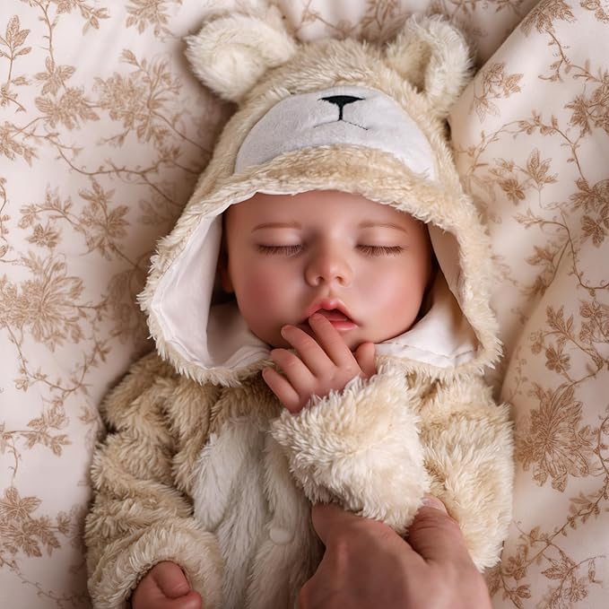 BABESIDE Drink and Wet Reborn Baby Doll – 17 Inch Realistic Sleeping Newborn, Can Drink Water & Pee, Full Body Soft Vinyl Real Life Baby Doll Girl in Bear Outfit, for Kids Age 3+