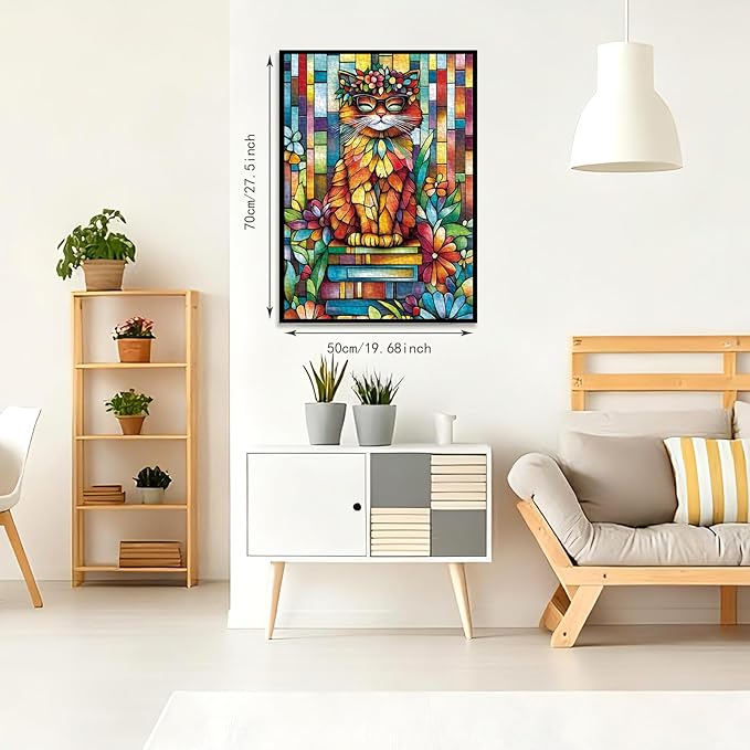 1000 Piece Adult Puzzle, Stained Glass Cat with Sunglasses, Jigsaw Puzzles with Letters on Back Impossible Challenging Puzzle, Family Puzzle Decoration Challenging Puzzles (27.56x19.7 Inch)