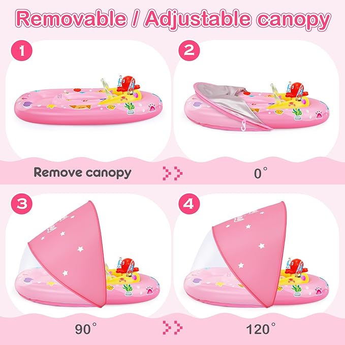 EZIGO Baby Pool Float with Canopy UPF50+ Sun Protection, Inflatable Kids Pool Floats with Ocean Animal Toys for Baby 6-36 Months, Infant Swimming Float with Adjustable Safety Seat for Boys Girls