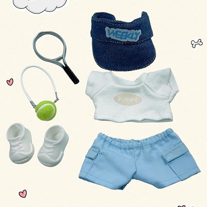 15cm/17cm Doll Sports Wear Outfits Gym Suitable for Labubu Clothes –Stylish Adorable Dolls Accessories for Dressing Up (No Doll Included) (F-Blue Tennis Suit 6-Piece Sets)