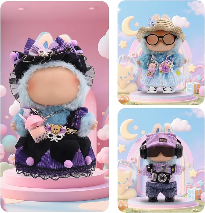 Clothes for Labubu, 23-piece Clothes and Accessories Set Designed for Labubu Doll Clothes, Includes Display Bag, Clothes Rack, Headphones, Camera, Glasses, Shoes, and 6 Mini Accessories - Style E