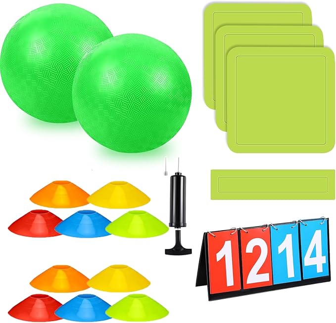 Huaerle 18 Pcs Sports Kickball Set Includes 2 Playground Ball with Air Pump 4 Rubber Throw Down Bases 10 Foul Line Cones and a Flip Scoreboard for Boys Girls Adults Playground School Backyard