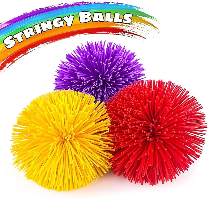 Easter Basket Stuffers for Kids – 3 Pack 3 Inch Stringy Balls, Soft Sensory Fidget & Stress Relief Toys for Boys & Girls, Egg Fillers, Party Favors, Classroom Prizes (Red Yellow Purple)