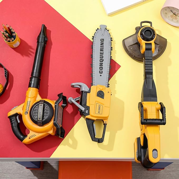 3 Pcs Toy Gardening Tool Set for Kids Toy Leaf Blower Chainsaw Weed Trimmer Play Set with Lights and Sounds Birthday Gifts for Christmas Boys Girls