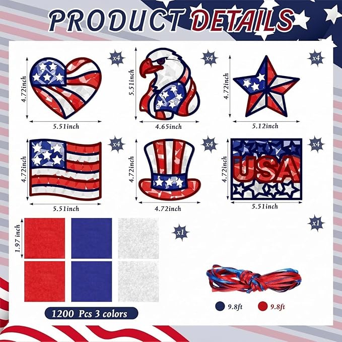 24 Set Veterans Day Patriotic Suncatchers Crafts DIY American Flag Crafts Window Tissue Paper Kit Independence Day Hanging Decor for Home Activities Window Art(Patriotic)