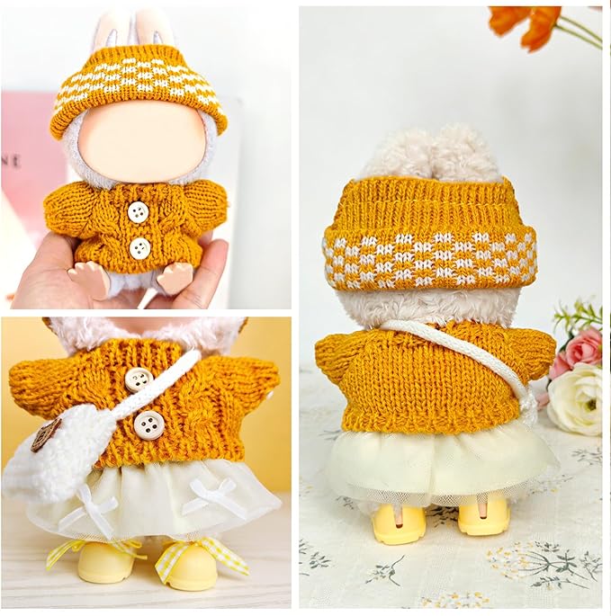 17cm Doll Clothes for Lububu,Outfits Set with Hand-Crocheted Yellow Sweater, Hat, Skirt, Shoes and Bag, Designer Clothing and Accessories for Macarons Series Dolls Dress-Up(Yellow Sweater Skirt)