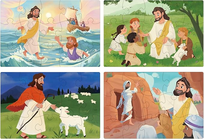 Bible Puzzles Kids, 4-in-1 Wooden Puzzles in Box, Religious Christian Toys for Toddlers, Christmas Puzzle for Kids, Jesus Walks on Water | Jesus with Children | Lost Lamb (New Testament)