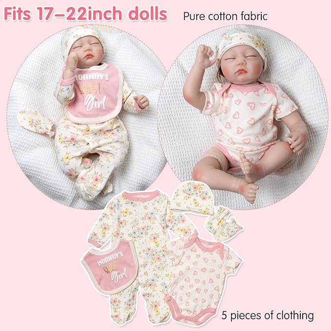 17-22 Inch Reborn Baby Doll Clothes with Backpack Accessories Set 13 Pcs Set, Realistic Baby Doll Outfit Floral Patterns Pink Diapers Bag for Kids