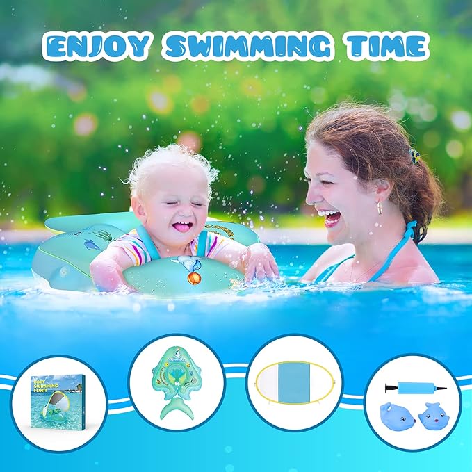 No Flip Over Baby Pool Float with Canopy UPF50+ Sun Protection, Inflatable Baby Float with Sponge Safety Support Bottom, Fun Gifts Water Toys Accessories Baby Swim Floats for Pool 3-36 Months