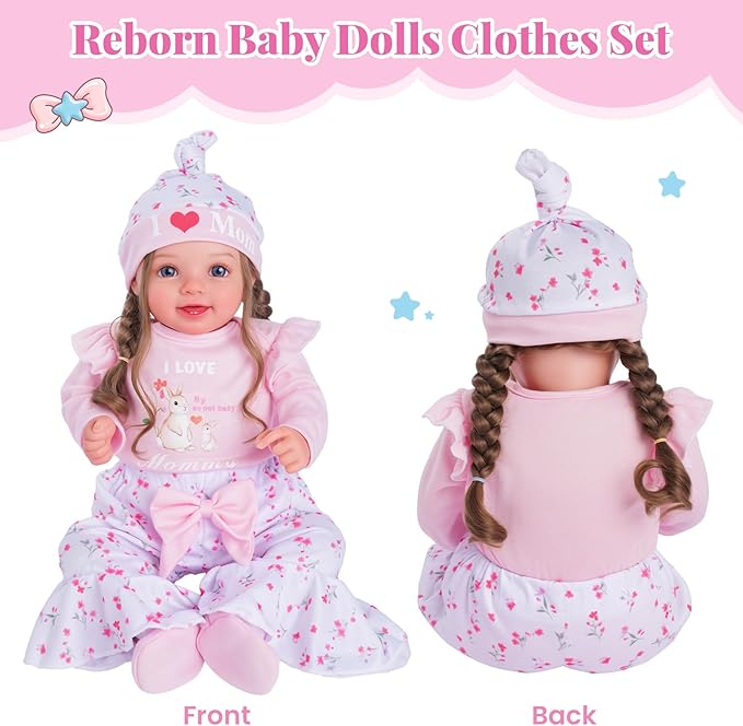 BABESIDE 5 Pcs Reborn Baby Doll Clothes for 17–22 Inch Reborn Babys Dolls, Floral Bunny Design Outfit with Romper, Pants, Hat & Socks, Reborn Baby Doll Accessories Play