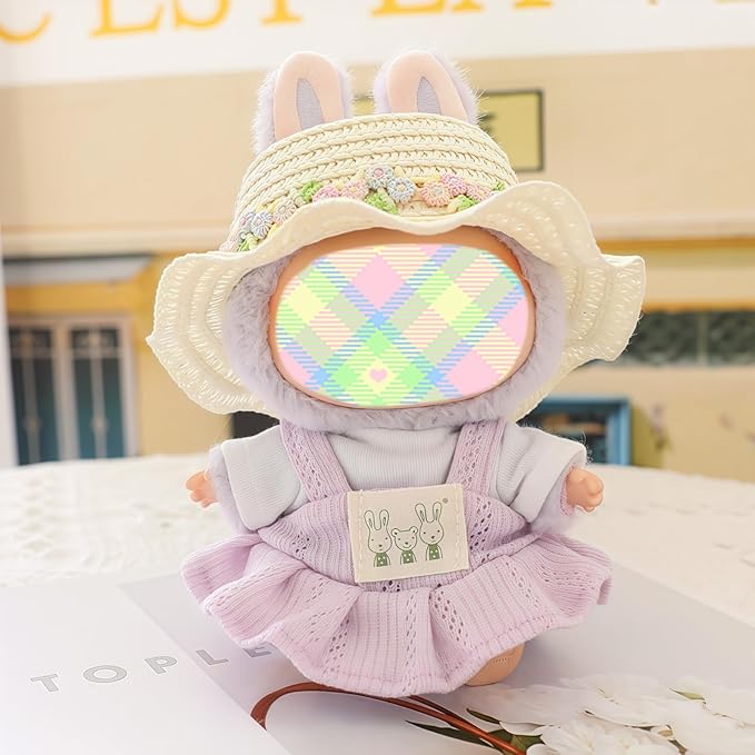 Clothes for Lu bubu 17cm Dolls Accessories (No Doll), Kawaii Hat Skirt Outfit Set 3 Pieces for 17cm Dolls Suit, Stylish Flower Doll Hat Clothing Set Replacement Purple