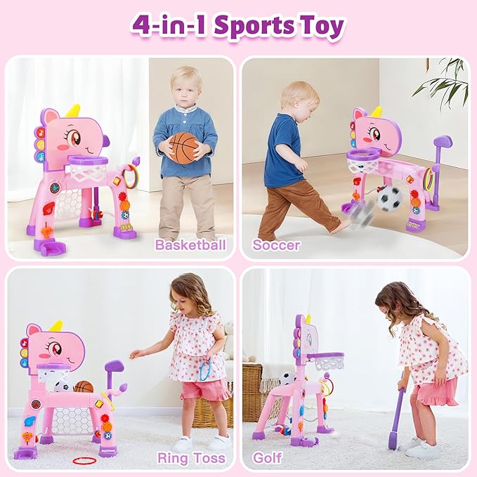 4 in 1 Toddler Basketball Hoop & Soccer Goal, Kids Sports Toy for 1 2 3 Years Old Girls Boys, Baby Toy with Sound & Light, Birthday Gift for 12-18 Months, Pink
