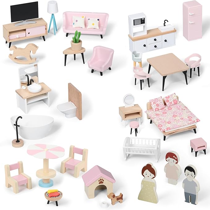 Pithfor Wooden Dollhouse Furniture Set, Dollhouse Accessories and Furniture, with 7 Rooms 3 Dolls, Includes Patio Set & Dog Set, Doll House Furniture Toys Gift for Kids Boys Girls