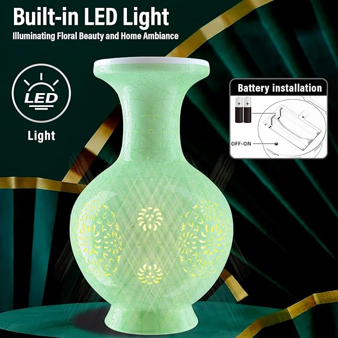 3D Puzzles Vase for Adults, 200 Pieces Plastic DIY Unique Flower Vase with LED Light House Warming Gift Birthday Gifts for Flower Arrangements and Home Decor (C- Mint Jade)
