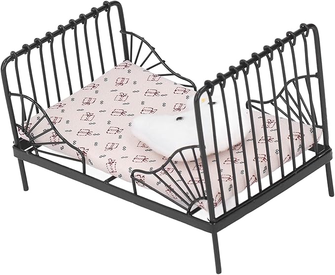 Fydun 1:12 Doll House Bed, 1 12 Children Metal Miniature Bedroom Bed,1 Scale European Furniture Accessory Black Frame with Mattress Pillow for Decor Type B (Type A)
