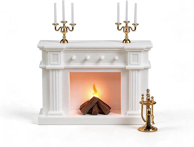 1:12 Scale Miniature Dollhouse Fireplace Set with Animated LED Fire Light, 3-Arm Candelabra & Tools – Realistic Decorative Fireplace for Dollhouse Lovers