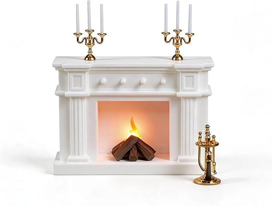 1:12 Scale Miniature Dollhouse Fireplace Set with Animated LED Fire Light, 3-Arm Candelabra & Tools – Realistic Decorative Fireplace for Dollhouse Lovers